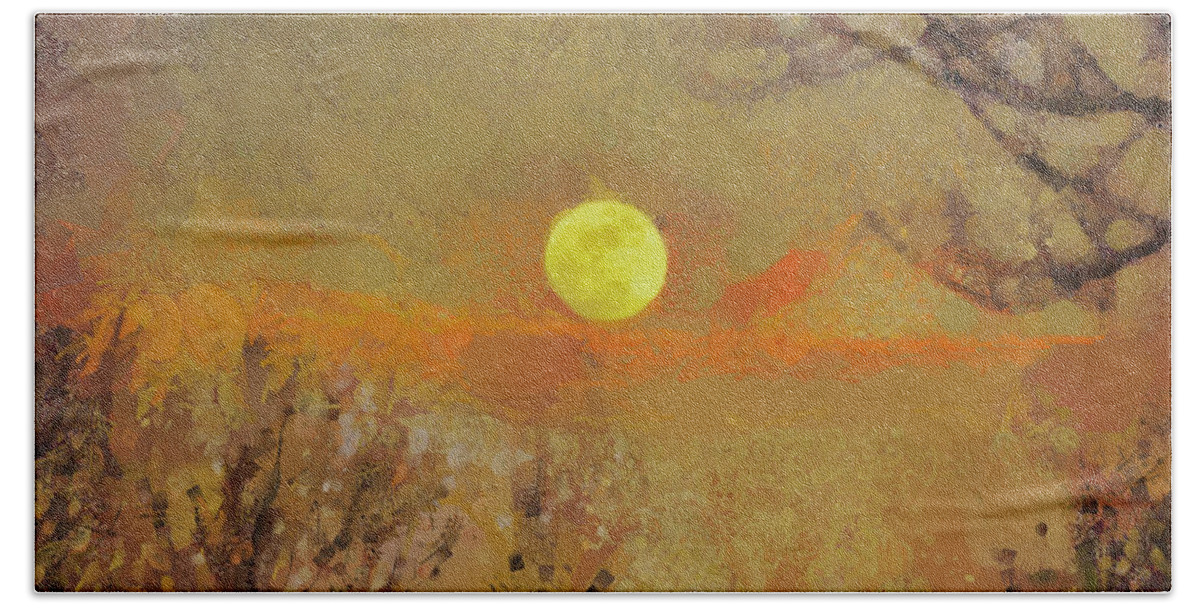 Sun Hand Towel featuring the mixed media Hollow's Eve by Trish Tritz