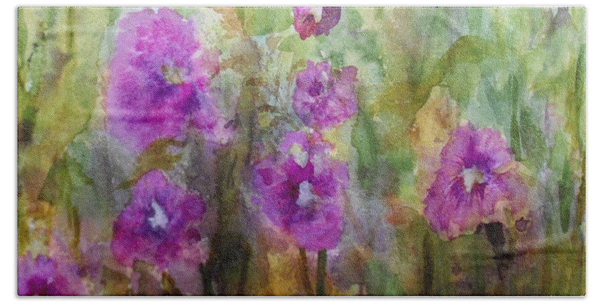 Flower Bath Towel featuring the painting Hollyhocks by Vicki Housel