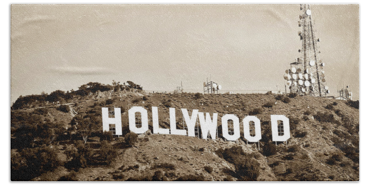 America Hand Towel featuring the photograph Hollywood California Sign in Sepia - Square Format by Gregory Ballos