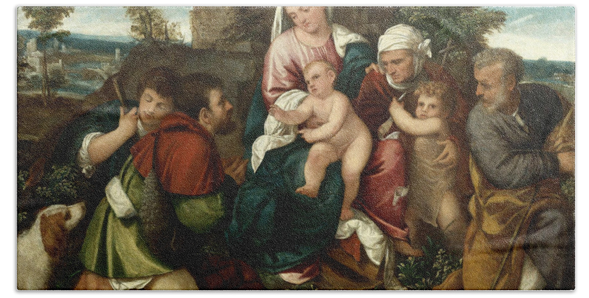 Bonifazio Veronese Bath Towel featuring the painting Holy Family with Saint Elizabeth the Infant Saint John and two Shepherds by Bonifazio Veronese