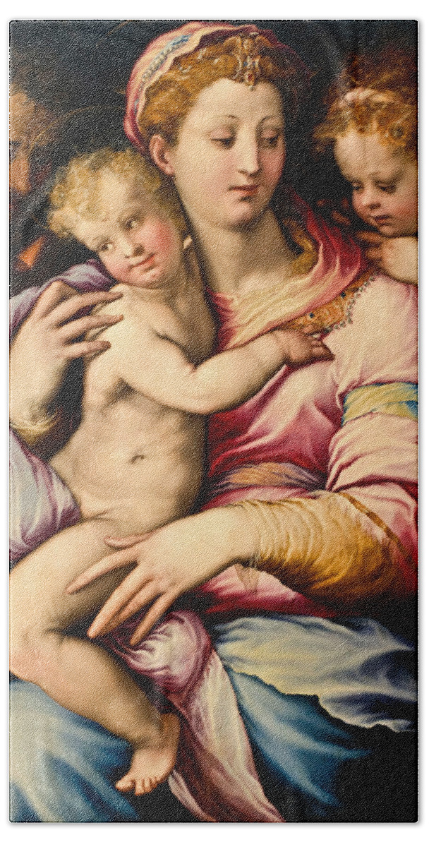 Francesco Salviati Hand Towel featuring the painting Holy Family with Saint John the Baptist by Francesco Salviati