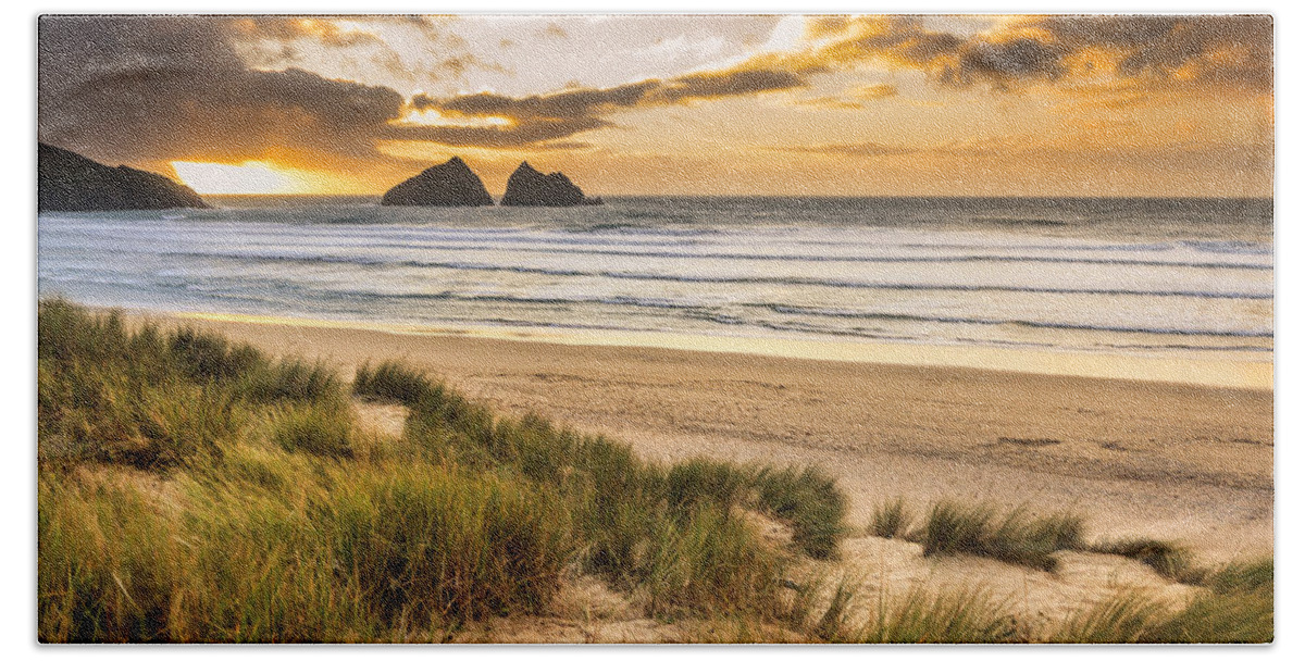 Coastline Hand Towel featuring the photograph Holywell Bay Sunset - 4 by Chris Smith