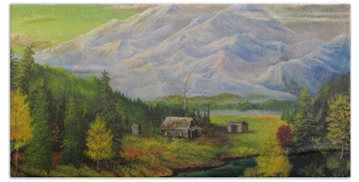Cabin Hand Towel featuring the painting Home Is Where The Heart Is by Dave Farrow