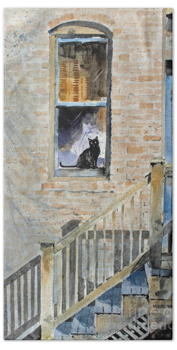A Bombay Cat Sits In A Window Looking Out As The Evening Draws Near. The Window Is Next To The Stairs Entering Into The Apartment House. Hand Towel featuring the painting Homecoming by Monte Toon