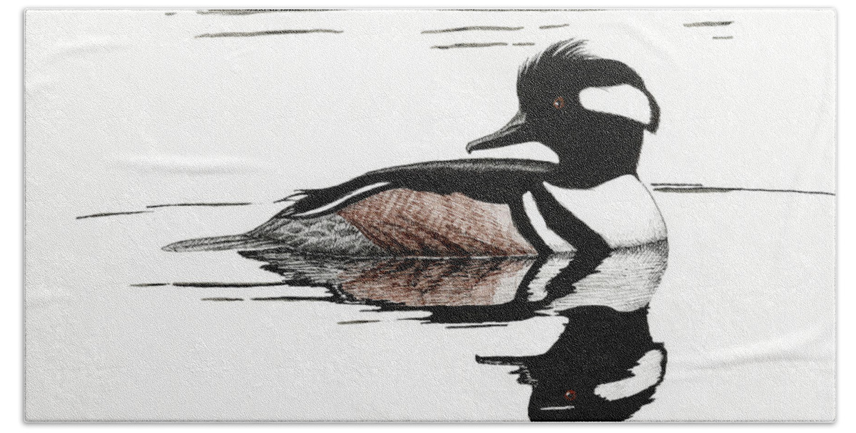 Pen And Ink Bath Towel featuring the drawing Hooded Merganzer by Timothy Livingston