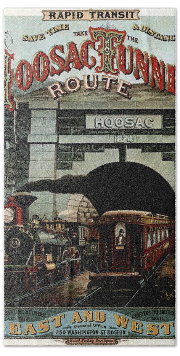 Hoosac Tunnel Route Hand Towel featuring the painting Hoosac Tunnel Route - Vintage Steam Locomotive - Advertising Poster by Studio Grafiikka