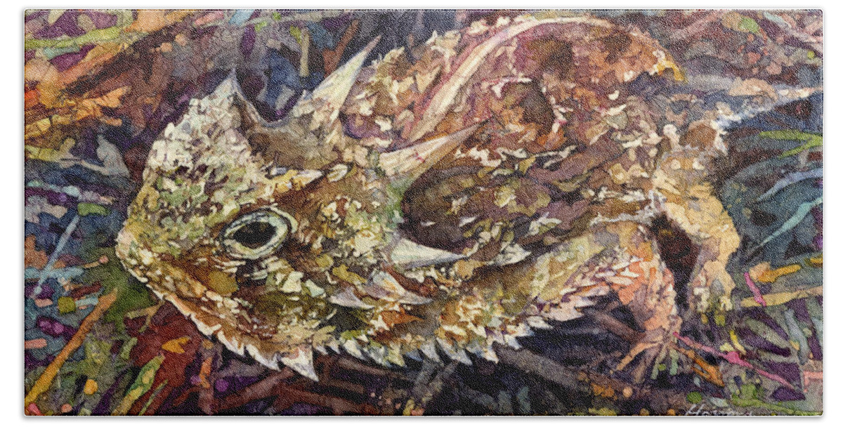 Horned Toad Hand Towel featuring the painting Horned Toad by Hailey E Herrera