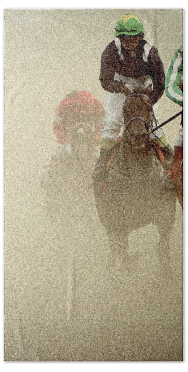 Horse Bath Towel featuring the photograph Horse Racing in Dust by Dimitar Hristov