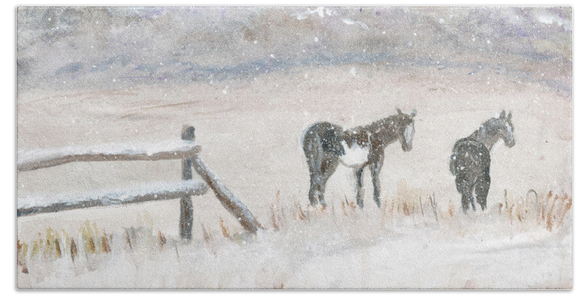 Horses Bath Towel featuring the painting Horses in Snow by Sheila Johns