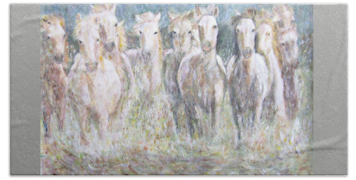 Impressionism Bath Towel featuring the painting Horses Running in Water by Glenda Crigger