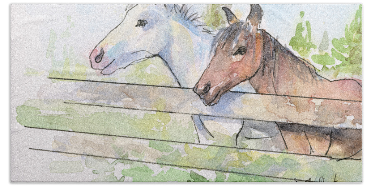 Watercolor Hand Towel featuring the painting Horses Watercolor Sketch by Olga Shvartsur
