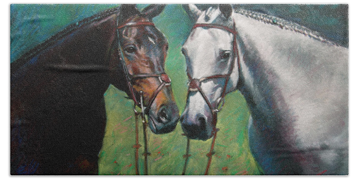 Horses Hand Towel featuring the pastel Horses by Ylli Haruni