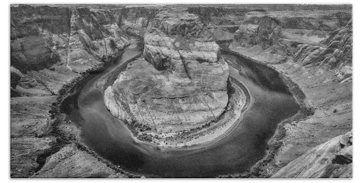 Horseshoe Bend Hand Towel featuring the photograph Horseshoe Bend Grand Canyon In Black And White by Garry Gay
