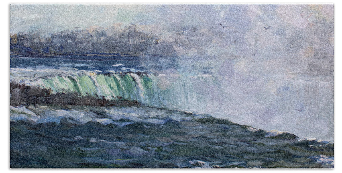 Horseshoe Falls Hand Towel featuring the painting Horseshoe Falls by Ylli Haruni