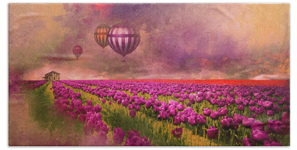 Skagit Valley Hand Towel featuring the photograph Hot Air Balloons over Tulip Fields by Jeff Burgess