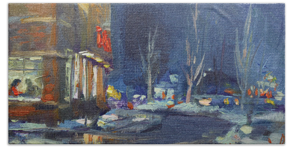 Tim Hortons Hand Towel featuring the painting Hot Coffee in Cold Winter at Tim's with Viola by Ylli Haruni