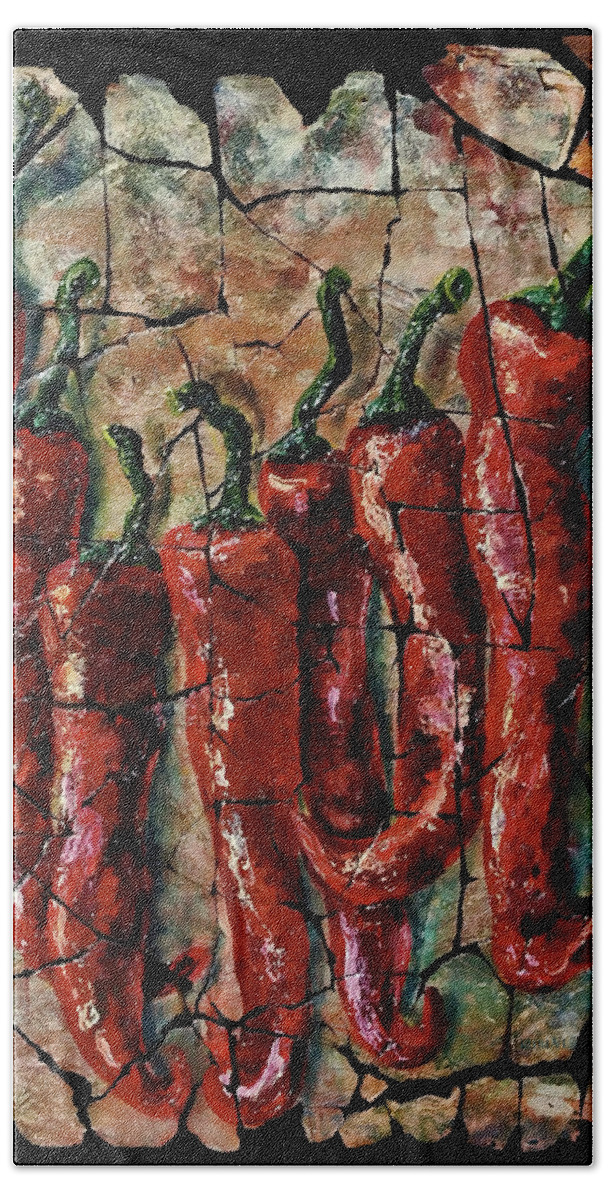 Lenaowens Hand Towel featuring the painting Hot Pepper fresco by OLena Art