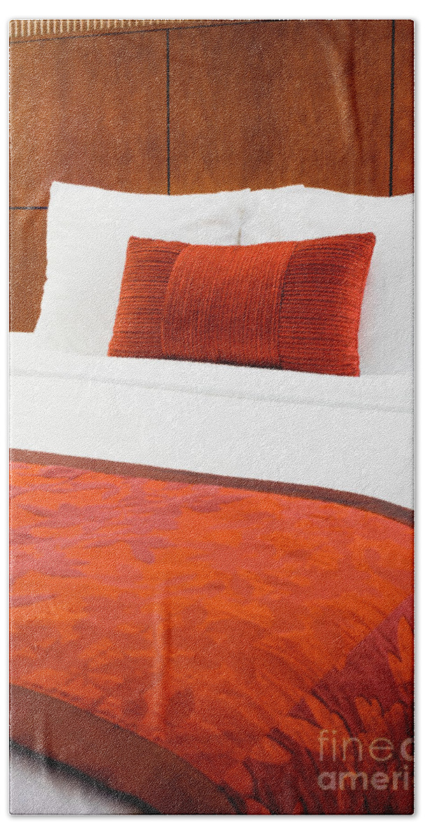 Bedding Hand Towel featuring the photograph Hotel Room Bed by Paul Velgos