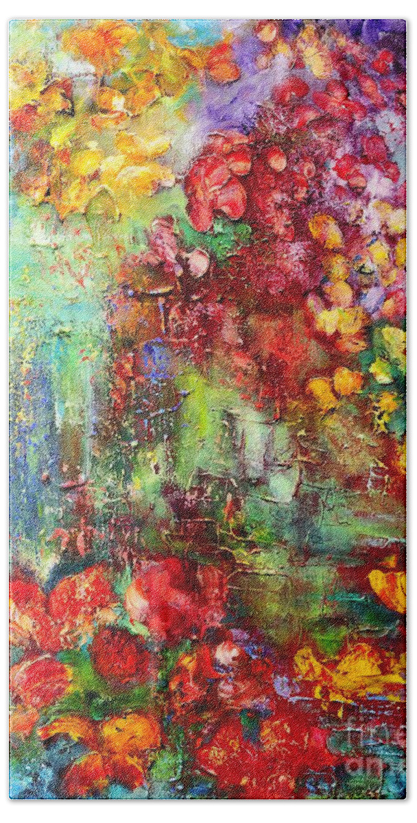 Abstract Bath Towel featuring the painting House In The Garden by Teresa Wegrzyn