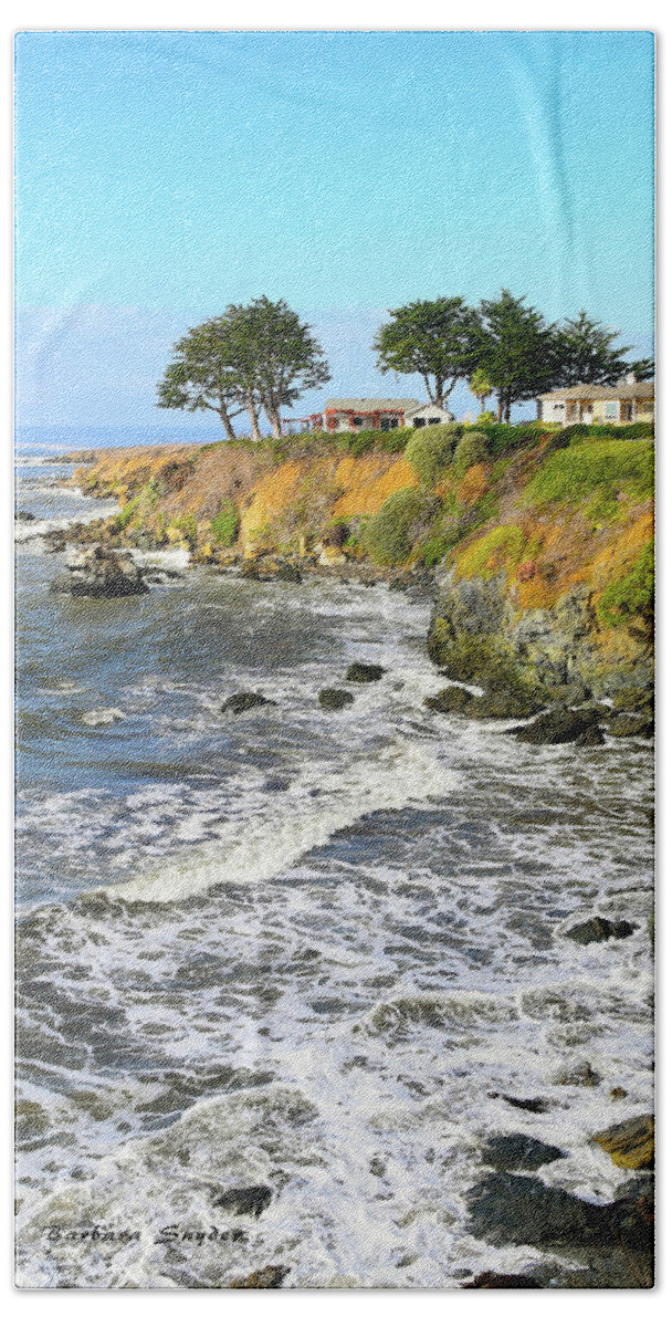 House On The Point Cayucos California Bath Towel featuring the photograph House on the Point Cayucos California by Barbara Snyder