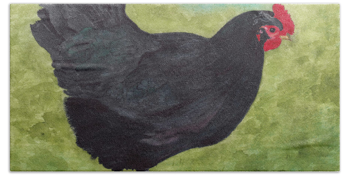 Black Hen Bath Towel featuring the painting How Do You Like My Little Black Dress? Iridescent Black Hen by Conni Schaftenaar