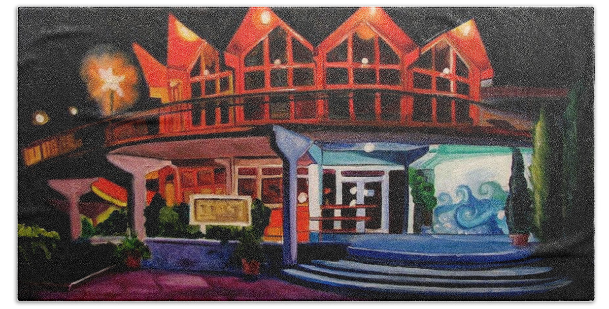 Asbury Art Bath Towel featuring the painting Howard Johnsons at Night by Patricia Arroyo