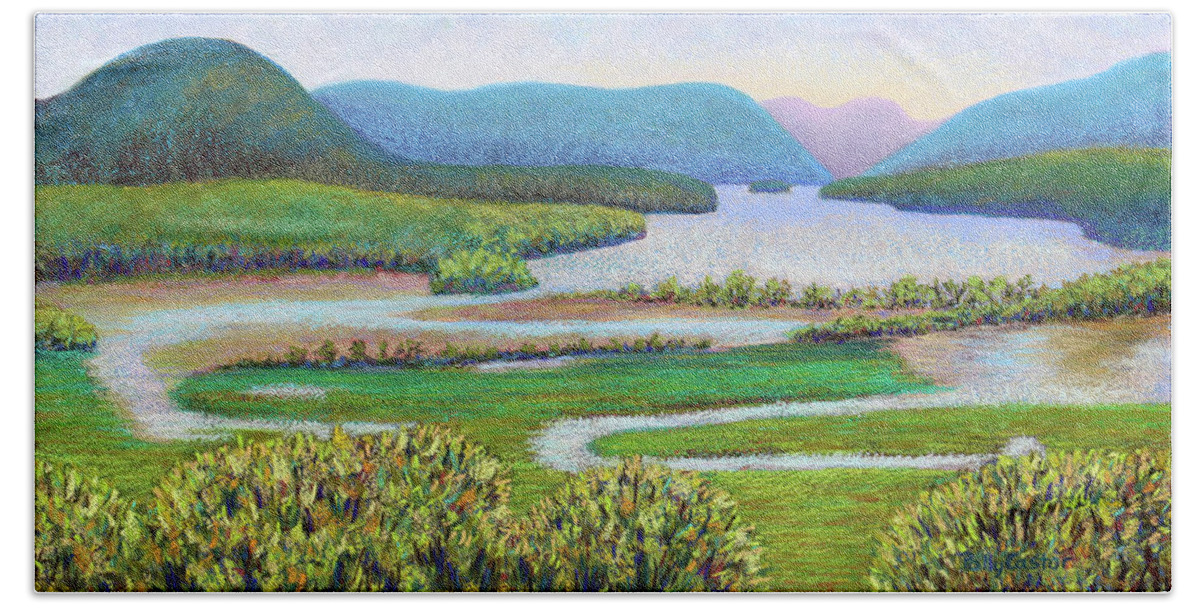 Hudson River Hand Towel featuring the painting Hudson River in Summer by Polly Castor