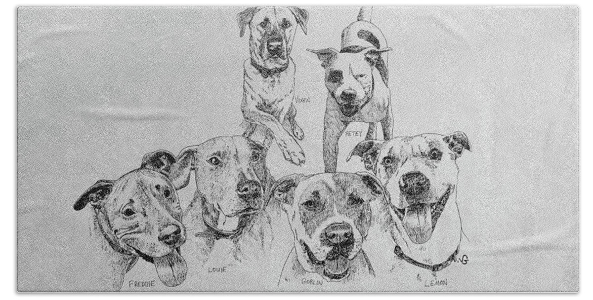 Dogs Bath Towel featuring the drawing Humane Society Gang by Larry Whitler