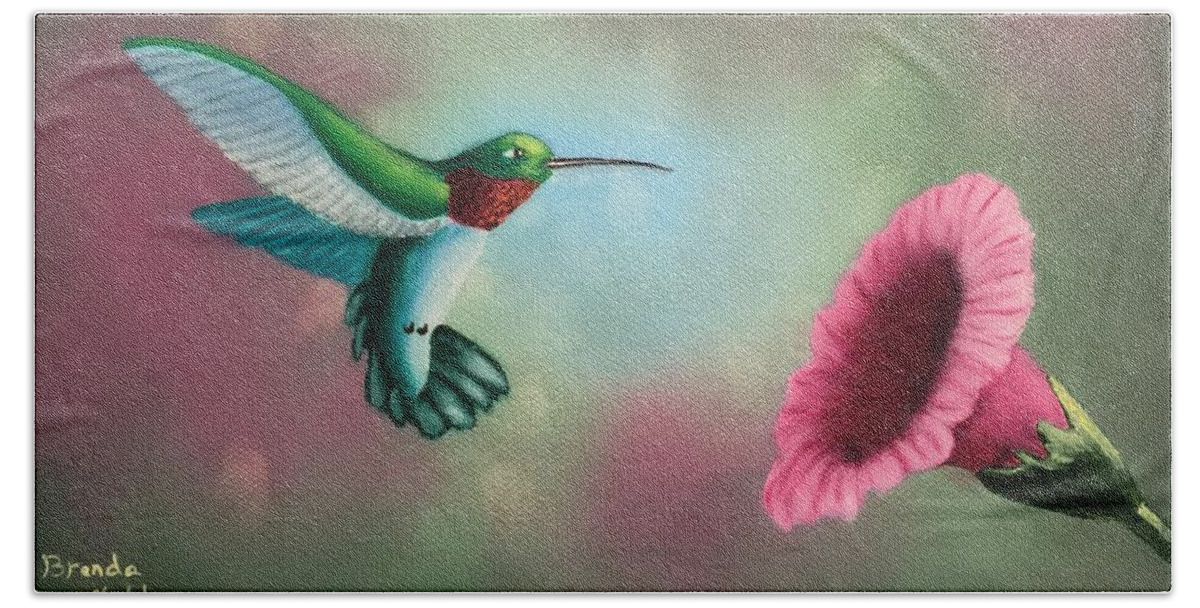 Humming Bird Hand Towel featuring the painting Humming Bird Feeding by Brenda Bonfield
