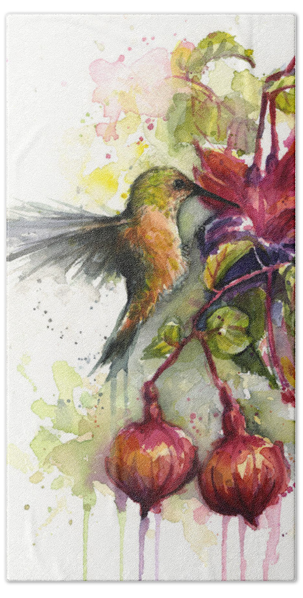 Hummingbird Bath Sheet featuring the painting Hummingbird and Fuchsia by Olga Shvartsur