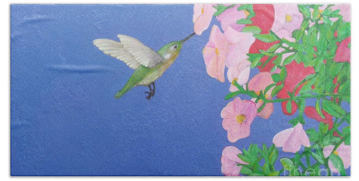 Hummingbird Hand Towel featuring the painting Hummingbird and Petunias by Karen Jane Jones