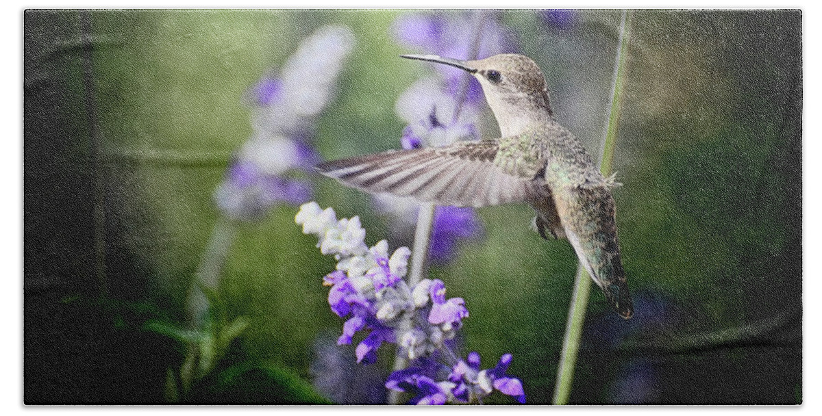 Hummingbird Bath Towel featuring the photograph Hummingbird and Purple Lupine by Saija Lehtonen