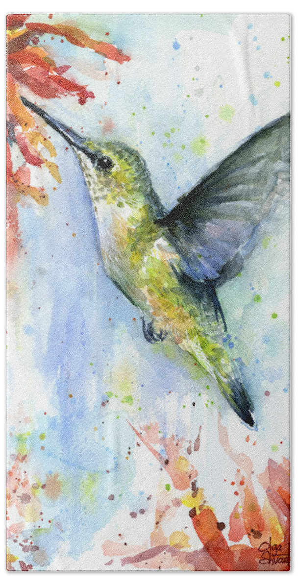 Watercolor Hand Towel featuring the painting Hummingbird and Red Flower Watercolor by Olga Shvartsur