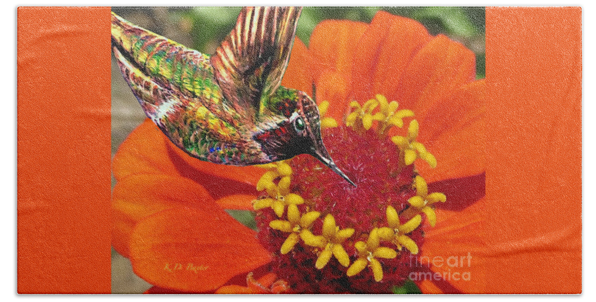 Ruby Throated Hummingbird Flying A Bright Orange Zinnia In Search Of Nectar Nature Scene Bird Artwork Flower Artwork Acrylic And Photograph Mixed Media Work Hand Towel featuring the painting Hummingbird Delight by Kimberlee Baxter
