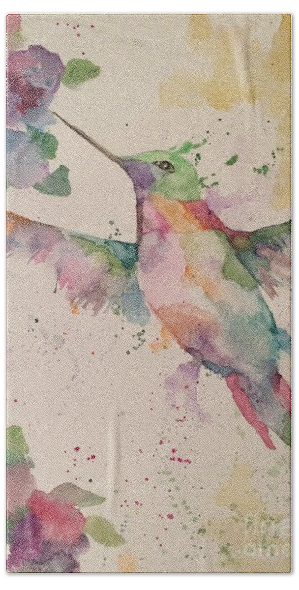 Hummingbird Hand Towel featuring the painting Hummingbird by Denise Tomasura