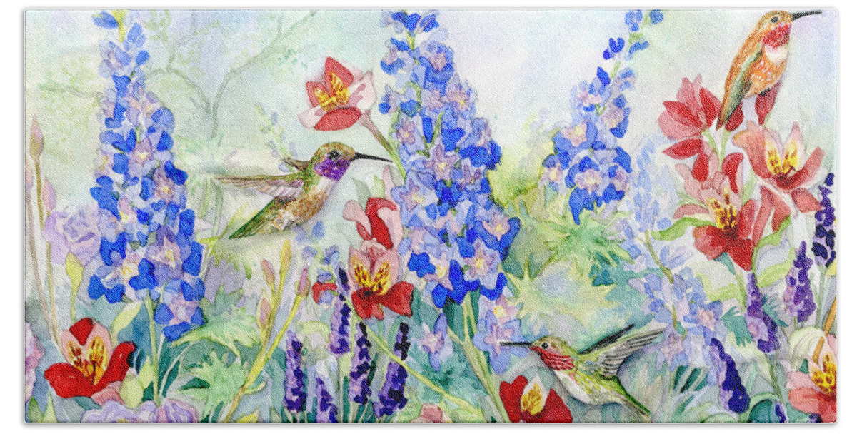 Watercolor Bath Towel featuring the painting Hummingbird Garden in Spring by Audrey Jeanne Roberts