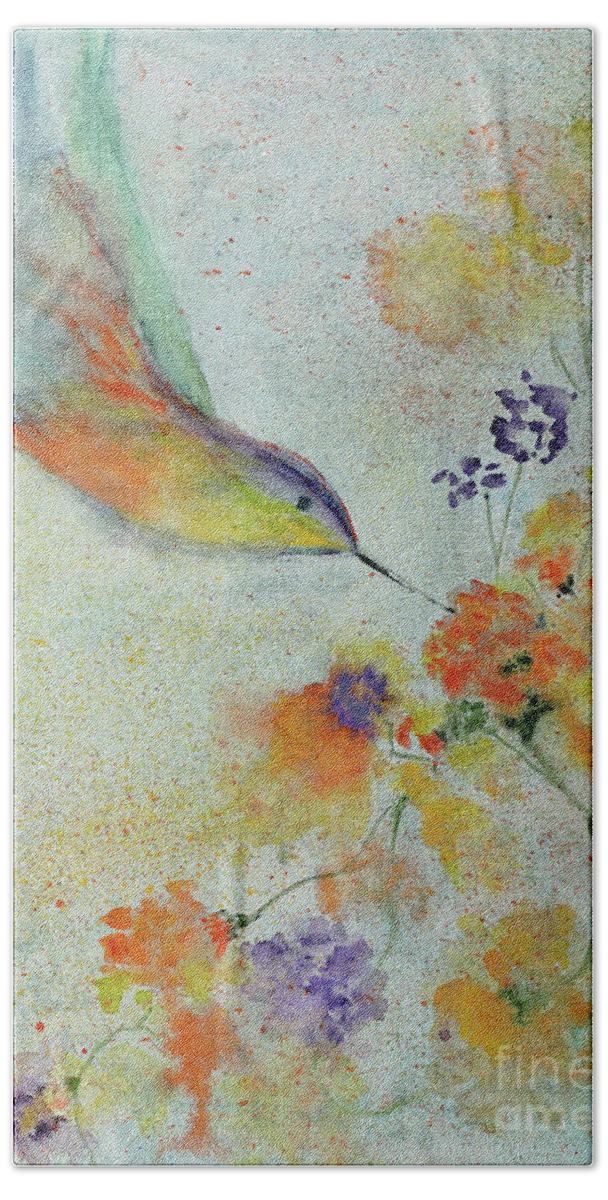 Bird Hand Towel featuring the painting Hummingbird by Karen Fleschler