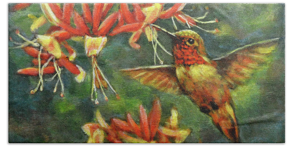 Ruby Throat Hummingbird Bath Towel featuring the painting Hummingbird with Honey Suckles by Eileen Fong