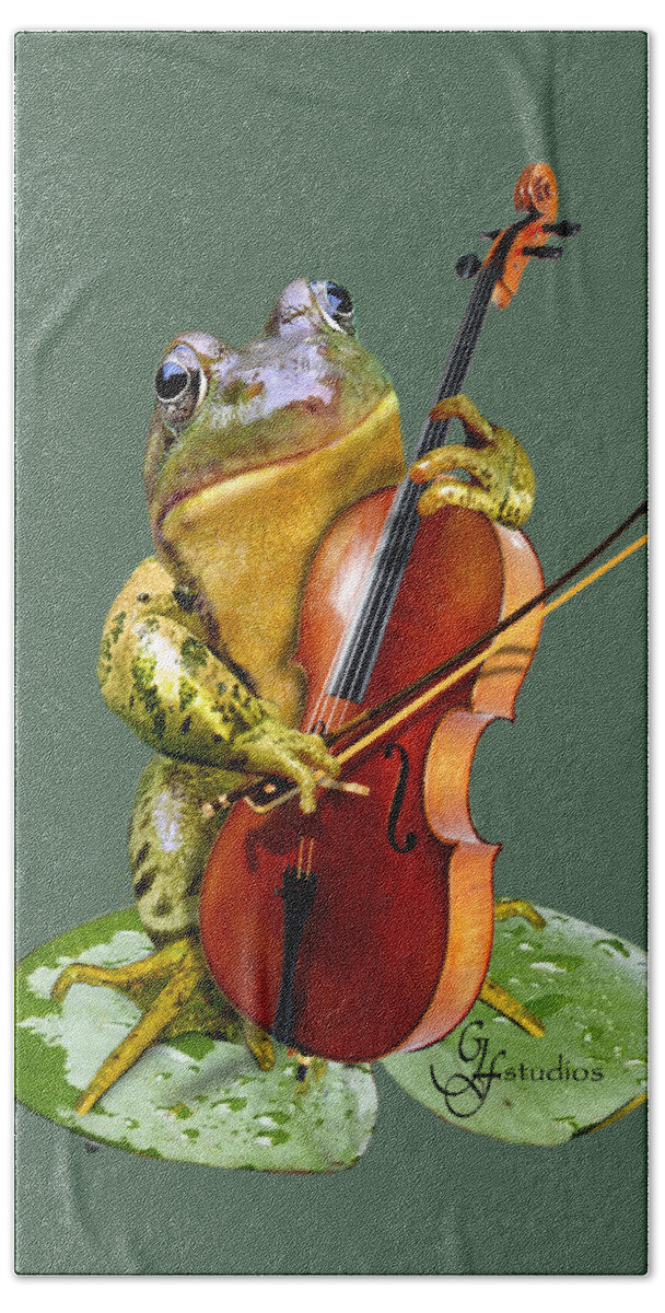 Humorous Scene Frog Playing Cello In Lily Pond Bath Towel featuring the painting Humorous scene frog playing cello in lily pond by Regina Femrite