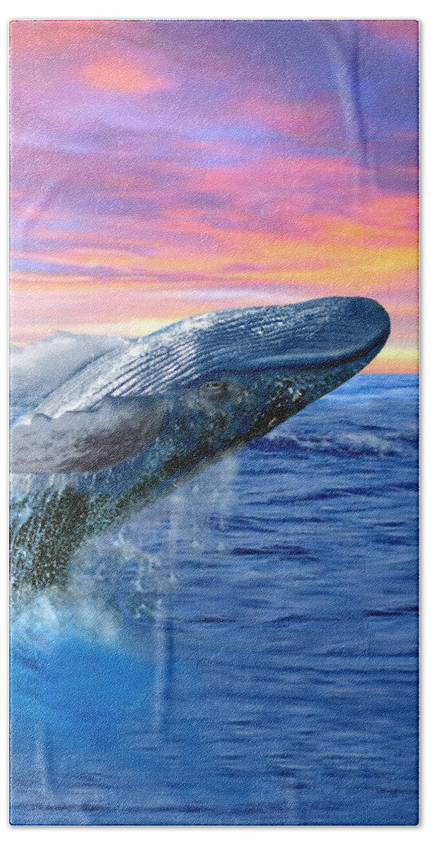 Humpback Whale Bath Towel featuring the digital art Humpback Whale Breaching at Sunset by Glenn Holbrook