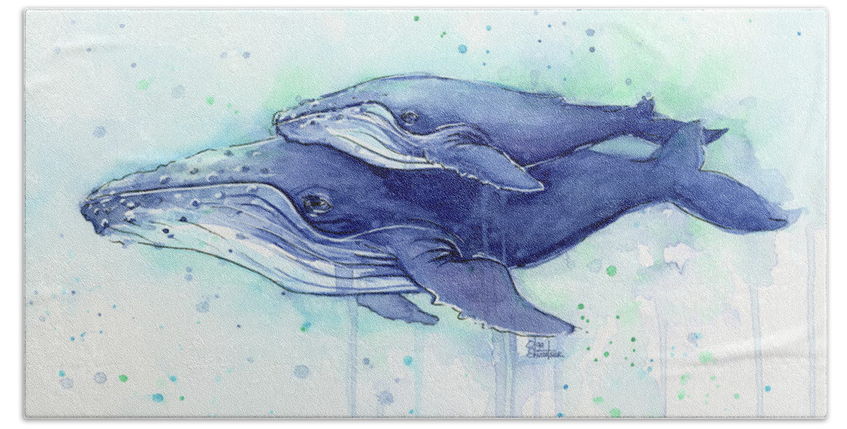 Whale Hand Towel featuring the painting Humpback Whale Mom and Baby Watercolor by Olga Shvartsur