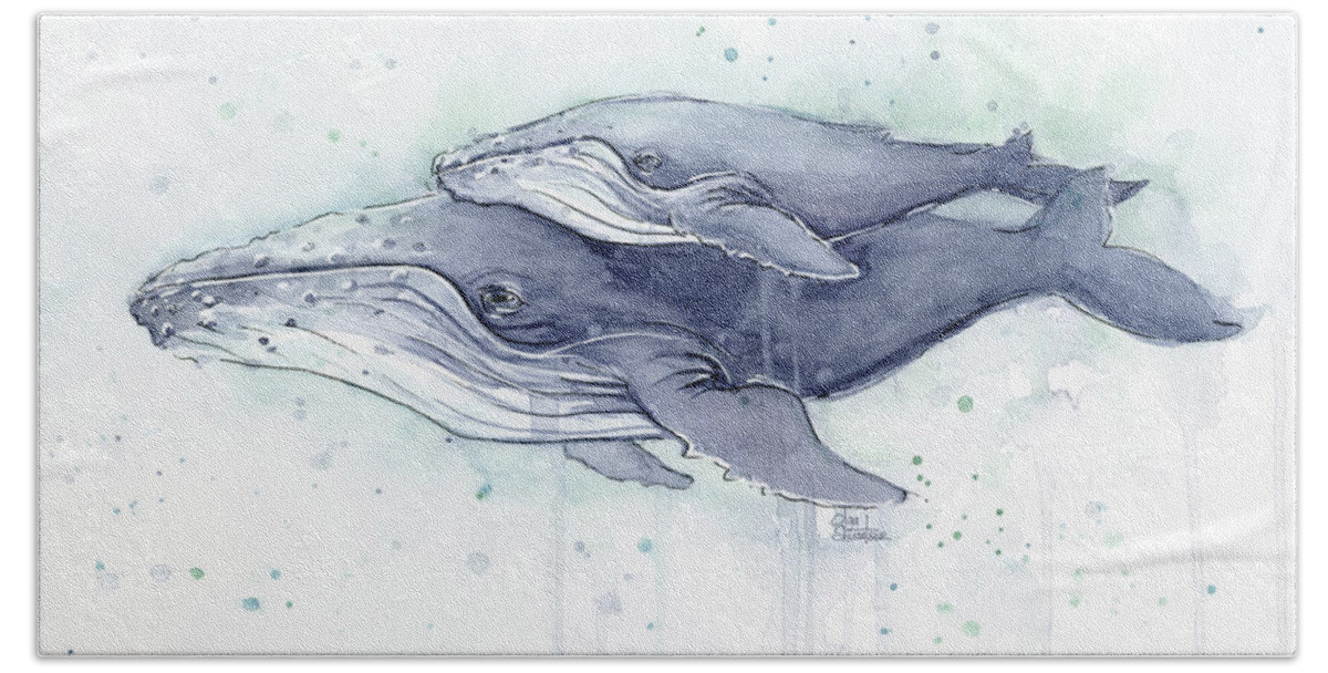 Whale Hand Towel featuring the painting Humpback Whales Painting Watercolor - Grayish Version by Olga Shvartsur