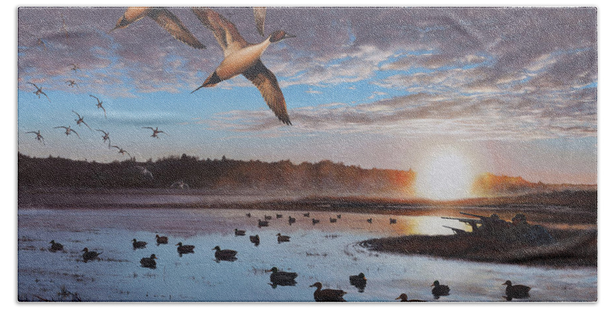 Duck Hunting Hand Towel featuring the painting Humphrey Farm Pintails by Glenn Pollard