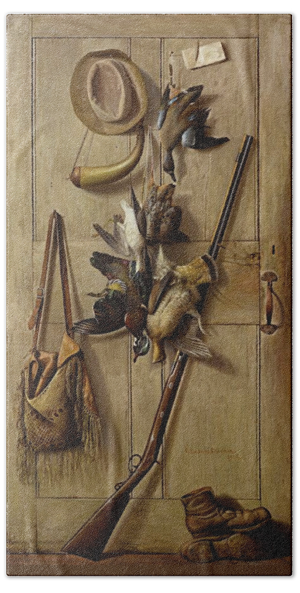 Richard La Barre Goodwin 1840 - 1910 Hunting Cabin Door Bath Towel featuring the painting Hunting Cabin Door by Richard