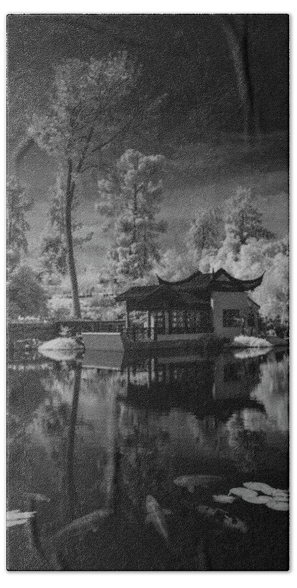 Garden Bath Towel featuring the photograph Huntington Chinese Botanical Garden in California with Koi Fish in Black and White Infrared by Randall Nyhof