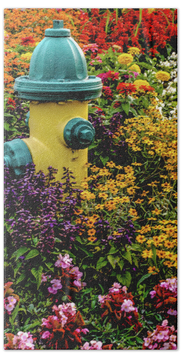 Fire Hydrant Hand Towel featuring the photograph Hydrant and Flowers by Alan Hart