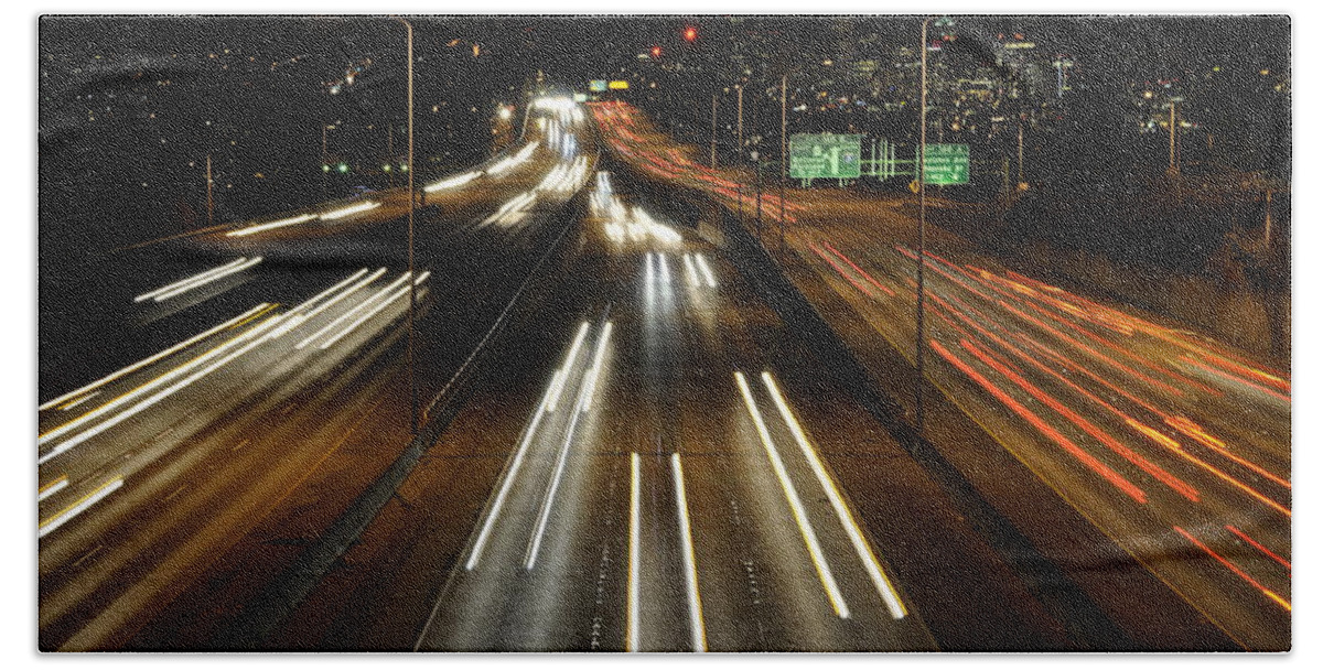 Night Bath Towel featuring the photograph I-5 at Night by Pelo Blanco Photo