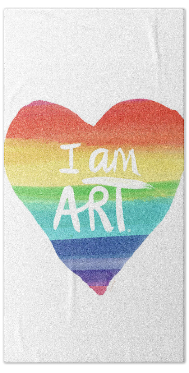 Rainbow Hand Towel featuring the painting I AM ART Rainbow Heart- Art by Linda Woods by Linda Woods