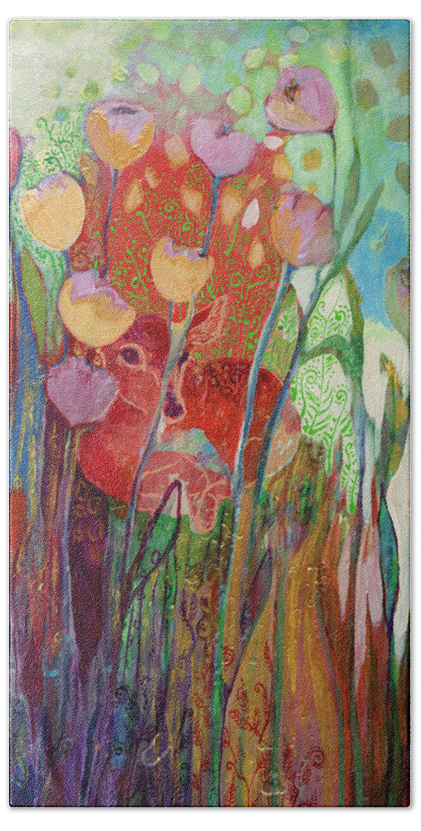 From The I Am Series Of Abstract Wildlife And Nature Images Hand Towel featuring the painting I Am The Grassy Meadow by Jennifer Lommers