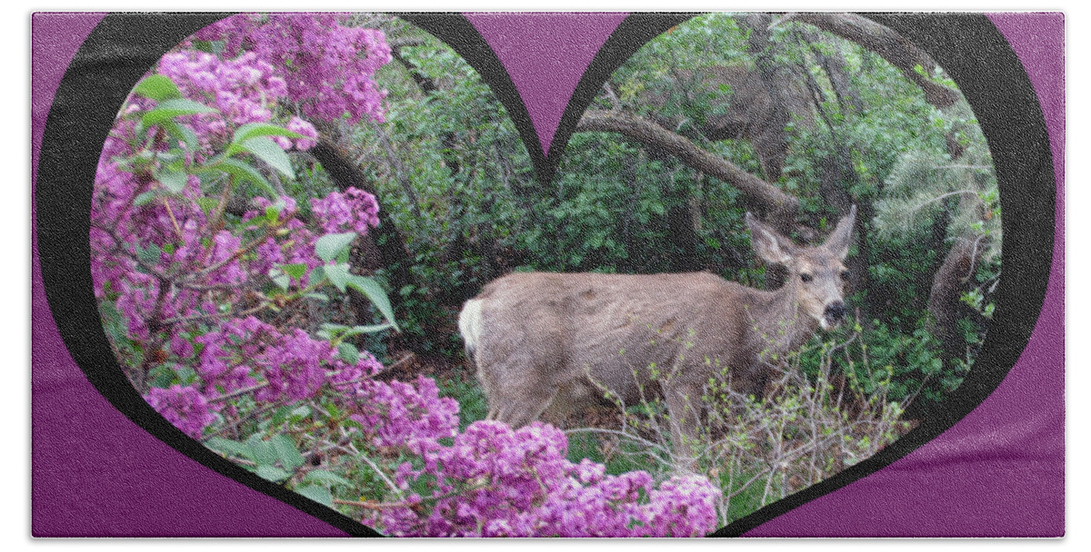 Love Bath Towel featuring the digital art I Chose Love with Deers among Lilacs in a Heart by Julia L Wright